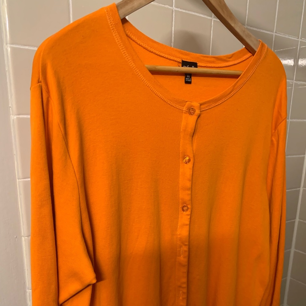 1 orange 3 qtr sleeve cardigan, 1 paisley print 3 qtr sleeve cardigan